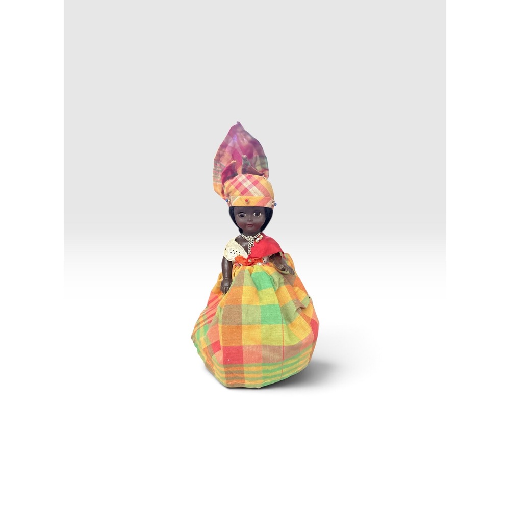 Vintage Caribbean Souvenir Doll Madras Plaid Traditional Dress Sleep Eyes 10.5in